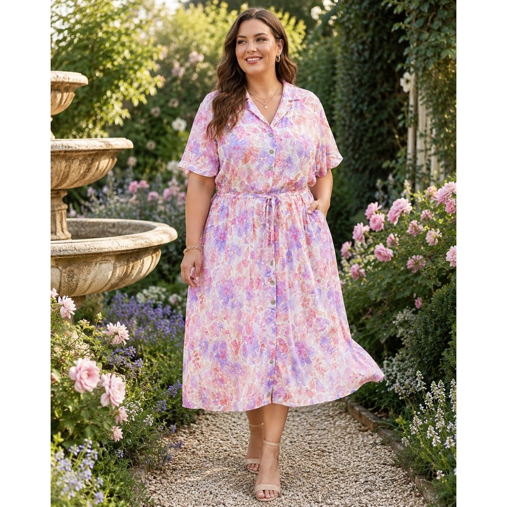 382. Wedding Guest Cottagecore Pastel Watercolor Floral Rayon Midi Dress 2X
